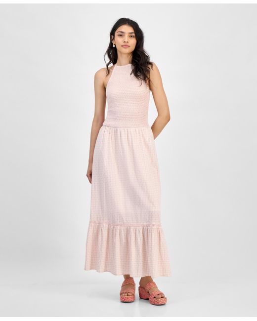 And Now This Pink Cotton Gingham Smocked Halter Maxi Dress