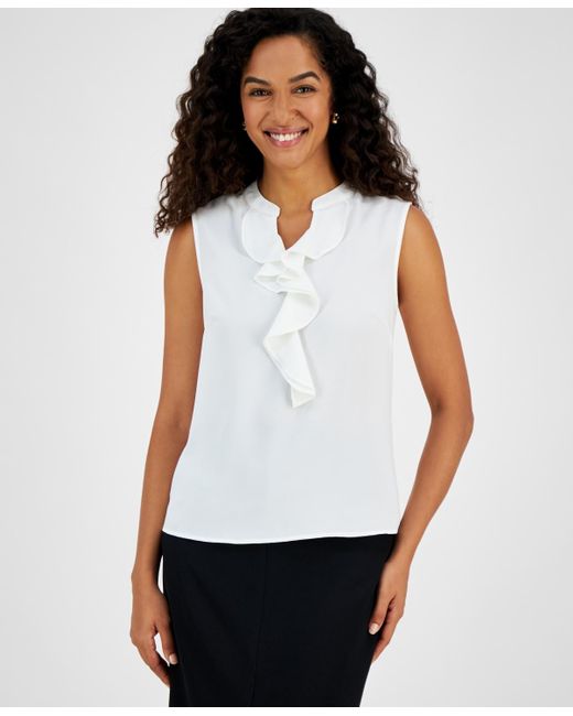 Kasper White Sleeveless Ruffle-neck Blouse