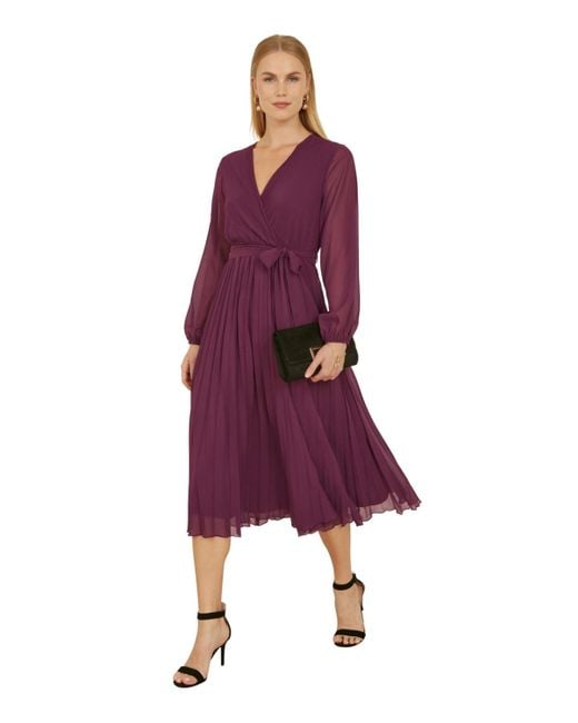 Yumi' Women's Purple Long Sleeved Pleated Midi Wrap Dress