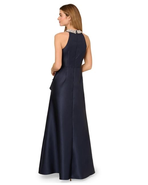 Adrianna Papell Blue Embellished Halter Ball Gown