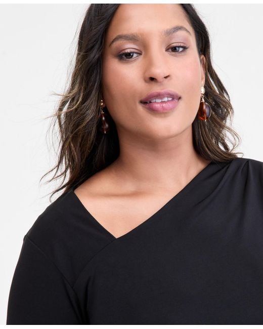 INC International Concepts Blue Plus Size Asymmetric-neck Long-sleeve Top