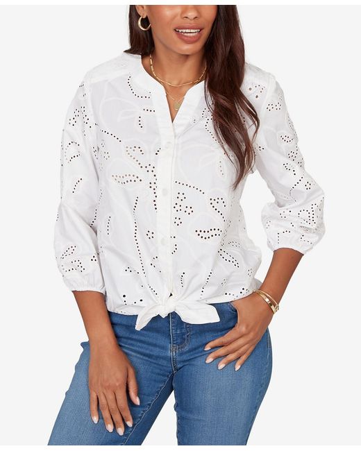 Ruby Rd White Plus Size Eyelet Puff Print Tie Front Top