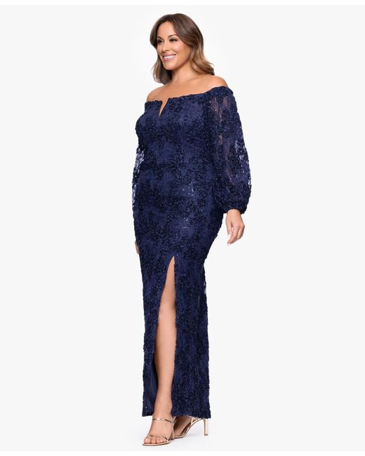 Xscape Blue Plus Size Off-the-shoulder Soutache Lace Dress
