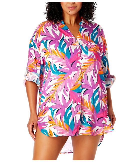 Anne Cole Red Plus Size Tropical-print Cover-up Shirt