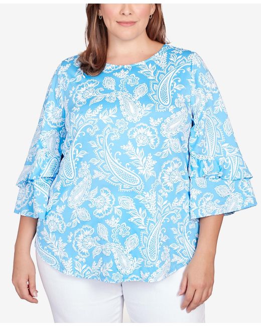 Ruby Rd Blue Plus Size Monotone Paisley Puff Print Party Top