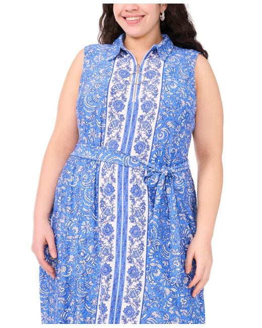Msk Blue Plus Size Zip-front Border-print Belted Midi Dress