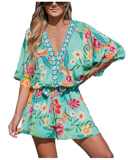 CUPSHE Blue Tropical Dolman Sleeve Casual Mini Beach Dress