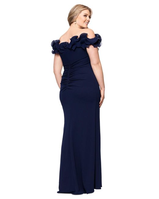 Xscape Blue Plus Size Ruffled Side-slit Evening Gown