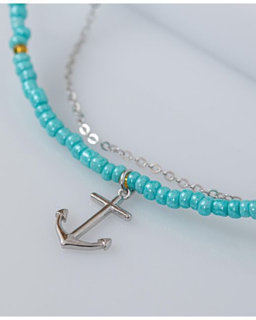 Macy's Blue Anchor Charm Seed Beaded Double Chain Ankle Bracelet