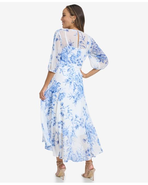 Calvin Klein Blue 3/4 Sleeve Faux-wrap Dress