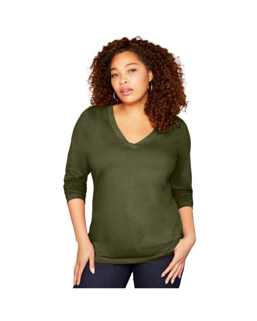 June + Vie Green June + Vie Plus Size June + Vie Long-sleeve V-neck One + Only Tee