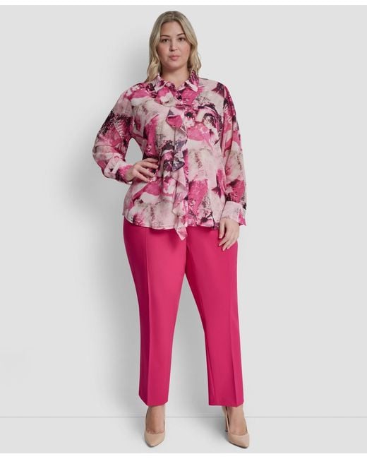 DKNY Pink Plus Size Printed Button-front Top