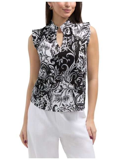 Ellen Tracy Blue Linen Blend Top With Ruffle Sleeve And Collar