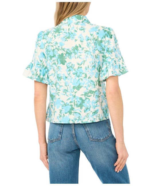 Cece Blue Short-sleeve Button-down Cropped Top