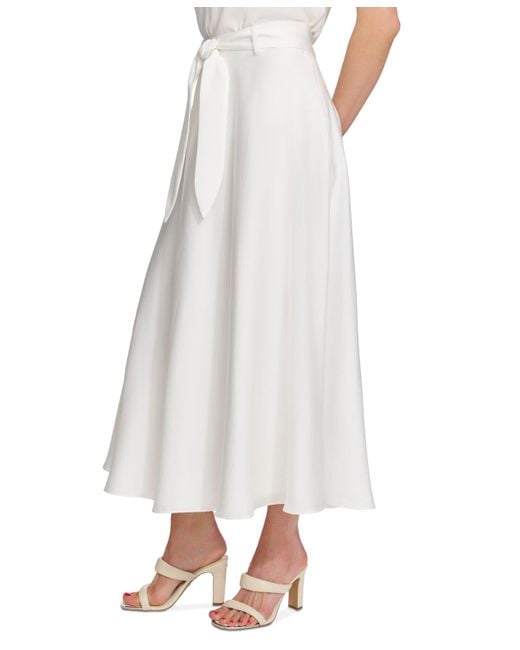 DKNY White Belted A-line Midi Skirt