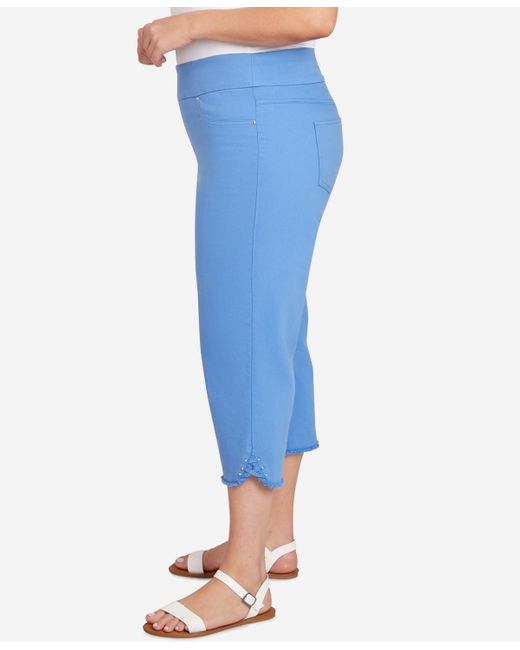 Ruby Rd Blue Plus Size Pull-on Stretch Denim Lace Hem Capri Pants