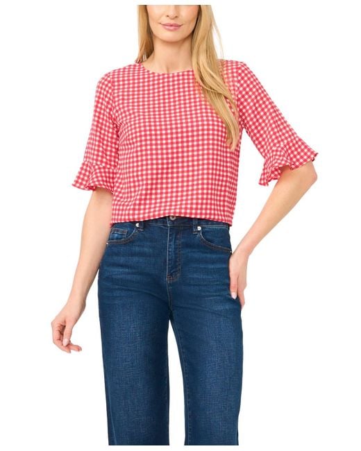 Cece Blue Checkered Crewneck Blouse