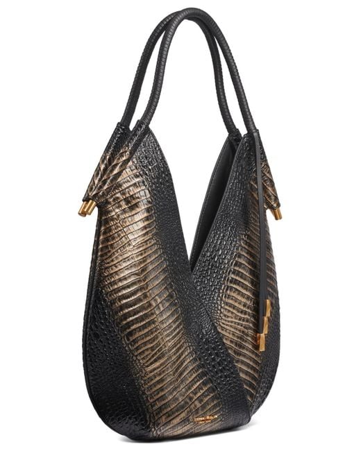 Donna Karan Black Baldwin Metallic Croco Medium Shoulder Bag