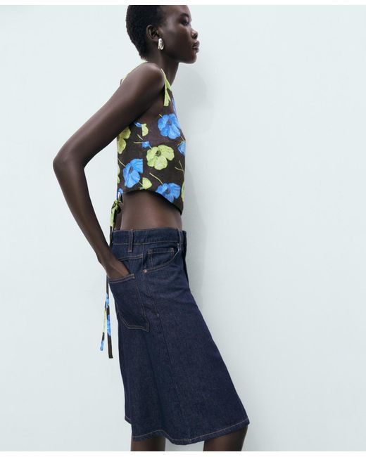 Mango Blue Open-back Floral Blouse
