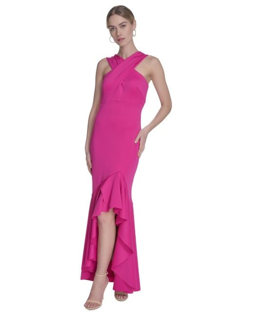 Eliza J Pink Crossover-neck Sleeveless Ruffle-trim Gown