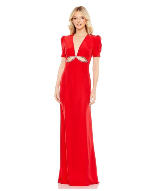 Mac Duggal Red Ieena Plunge Neck Puff Sleeve Cut Out Gown