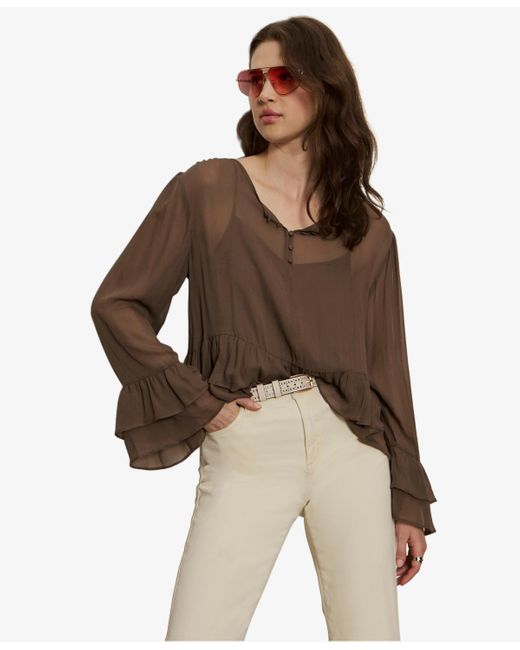 Sanctuary Brown Ruffled Long-sleeve Blouse