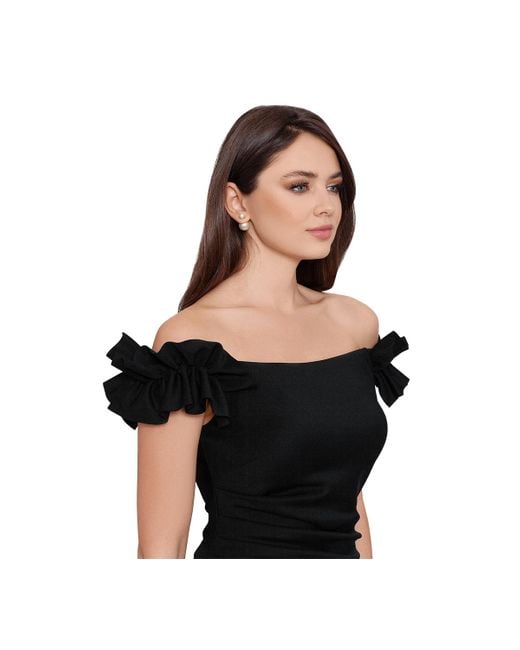 Xscape Black Petite Ruffled Ruched Off-the-shoulder Gown