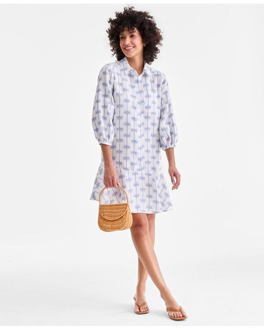 charter club dresses Charter Club 100% Linen Print Button-front 3/4-sleeve Dress in White
