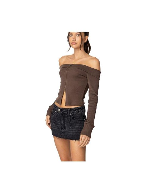 Edikted Brown Clarissa Fold Over Ribbed Top