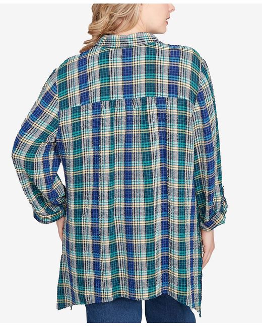 Ruby Rd Blue Plus Size Embroidered Plaid Button Down Top