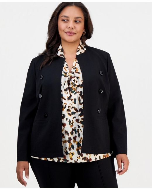 Kasper Black Plus Size Double-breasted Collarless Blazer