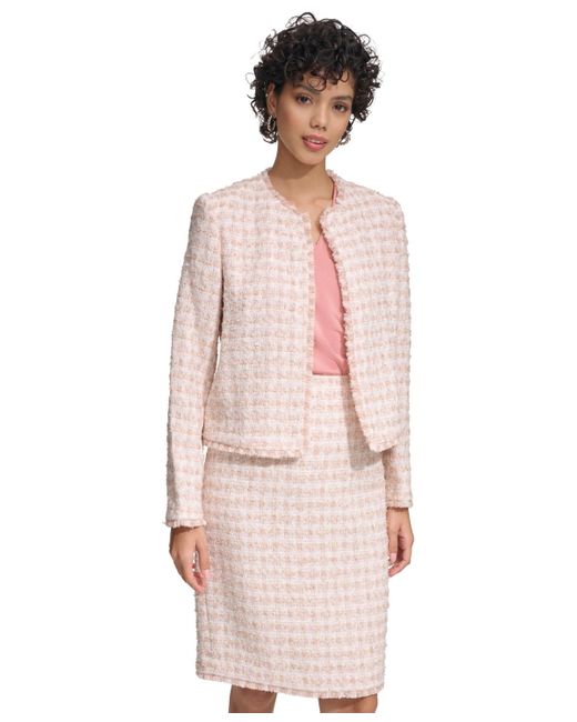 Calvin Klein Pink Petite Tweed Fringe-trim Open-front Jacket