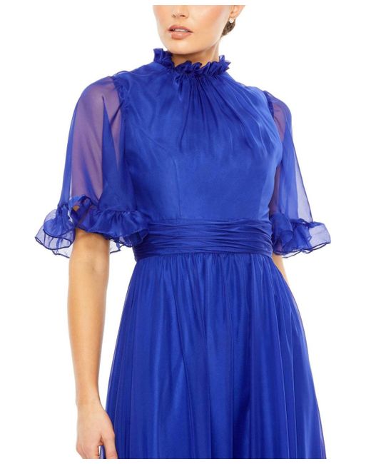 Mac Duggal Ruffled High Neck Flutter Sleeve High Low Hem Gown in Blue Lyst