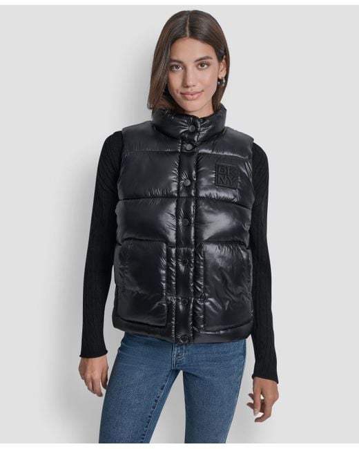 DKNY Blue Quilted Mock Neck Puffer Jacket