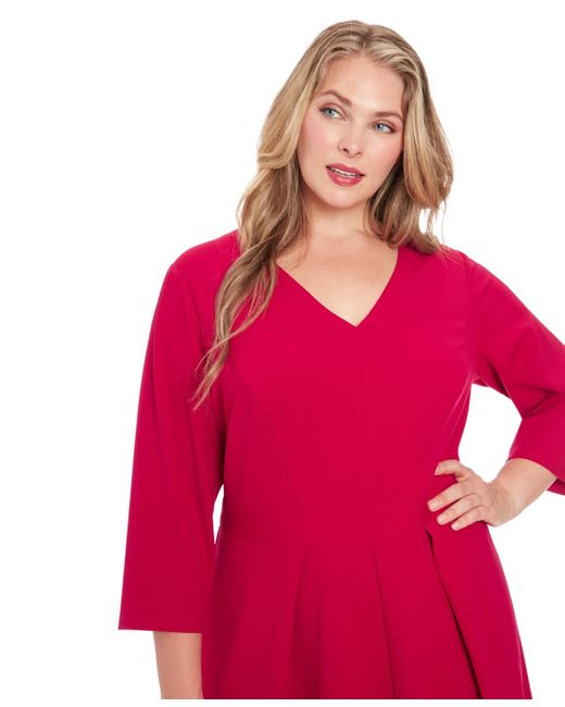 London Times Red Plus Size Topstitched 3/4-sleeve Dress