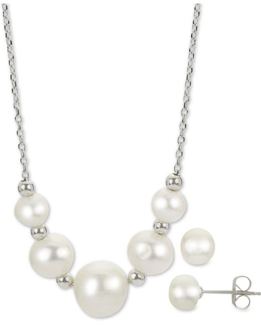 Macy's Metallic 2-pc. Cultured Freshwater Pearl 18" Collar Necklace & Stud Earrings Set
