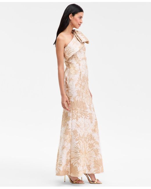 Donna Karan Natural Jacquard Bow-trim One-shoulder Gown