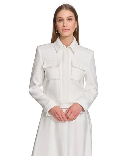 DKNY White Textured Cropped Trucker Jacket