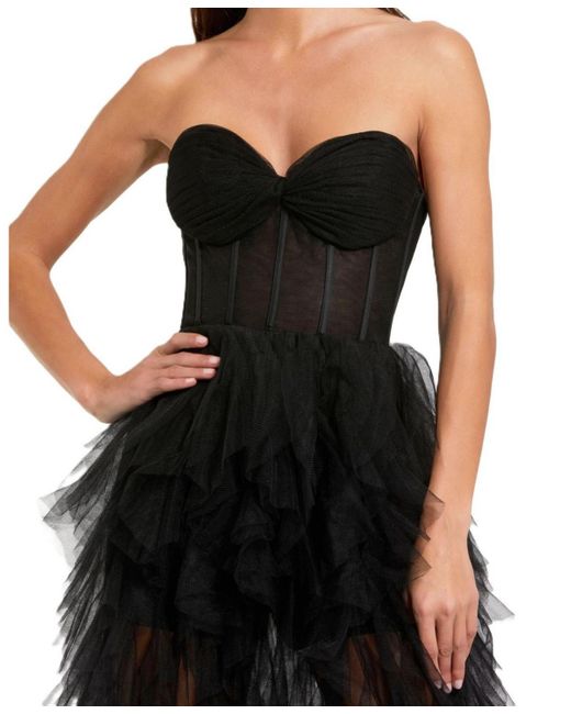 Mac Duggal Black Strapless Bustier Net Gown With Spiral Ruffles