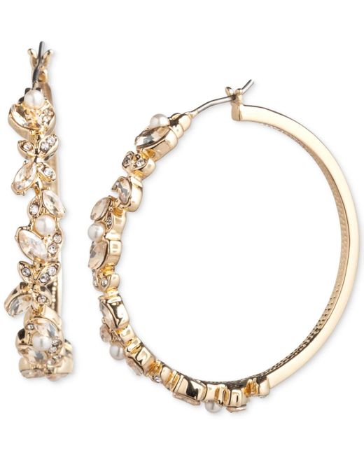 Marchesa Metallic Gold-tone Crystal & Imitation Pearl Vine Leaf Medium Hoop Earrings