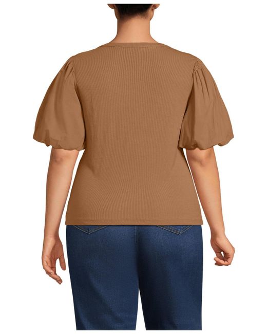Lands' End Blue Plus Size Drapey Rib Puff Sleeve Scoop Neck Top
