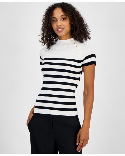 Tahari White Striped Button-trim Mock-neck Sweater