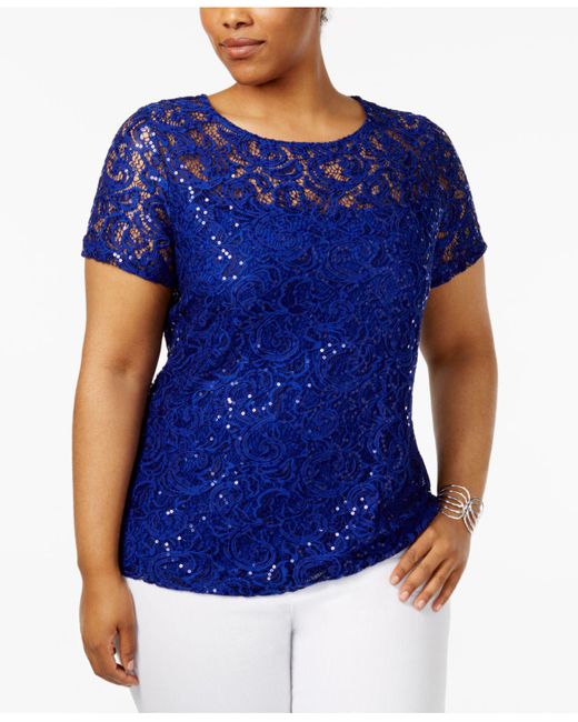 INC International Concepts Blue Plus Size Sequin Lace Top