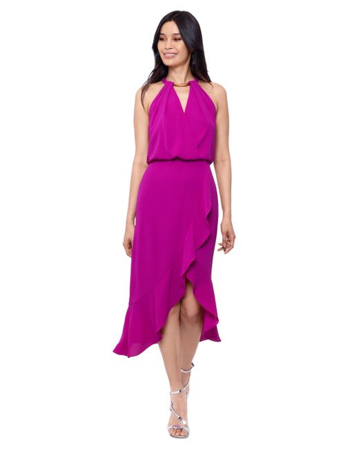 Xscape Pink Crepe Halter-neck High-low Midi Dress