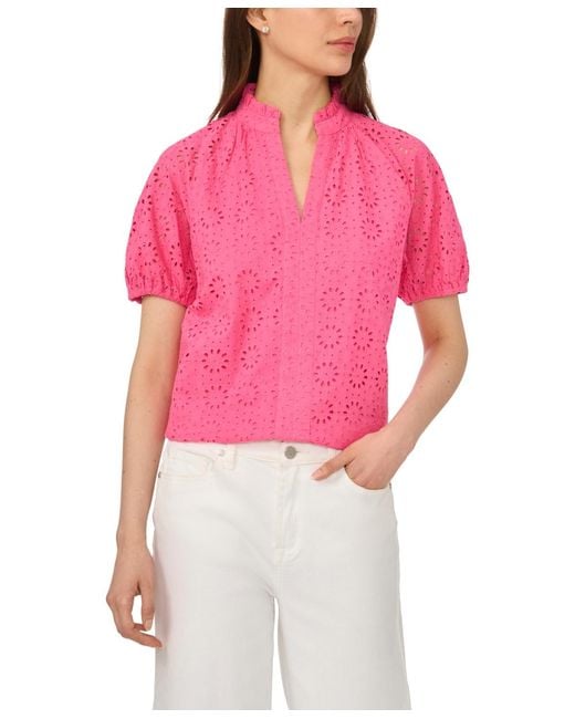 Cece Pink Short-sleeve Split Neck Blouse