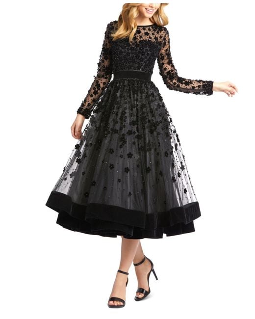 Mac Duggal Floral-embellished Fit & Flare Midi Dress in Black | Lyst