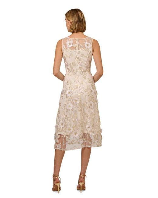 Adrianna Papell Natural Floral Embroidery Illusion Fit & Flare Midi Dress