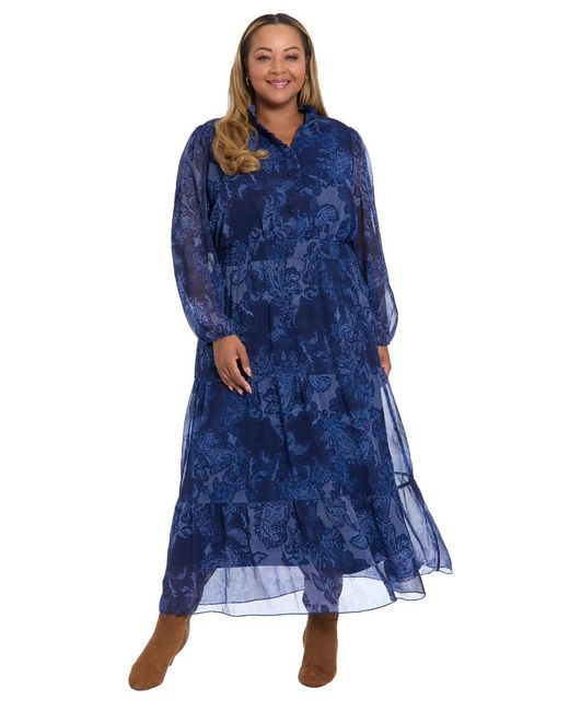 London Times Blue Plus Size Printed Long Sleeve A-line Dress