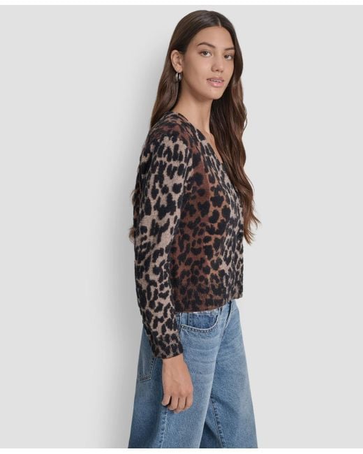 DKNY Black Long Sleeves Leopard Print Cardigan Sweater
