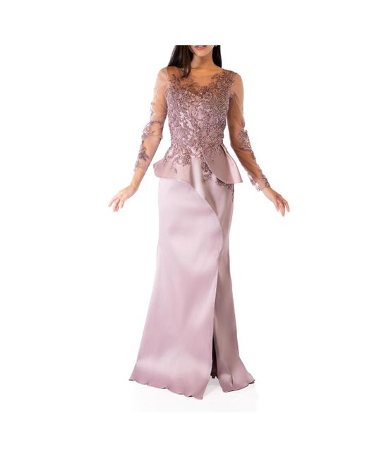 Terani Pink Embroidered Illusion Neck Long Sleeves Mermaid Gown